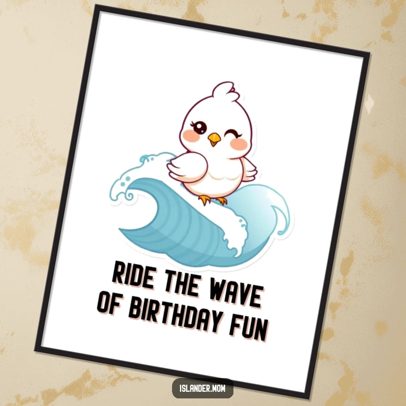 Funny free printable wall art: a charming mama bird winks playfully while riding a gentle, rolling ocean wave.