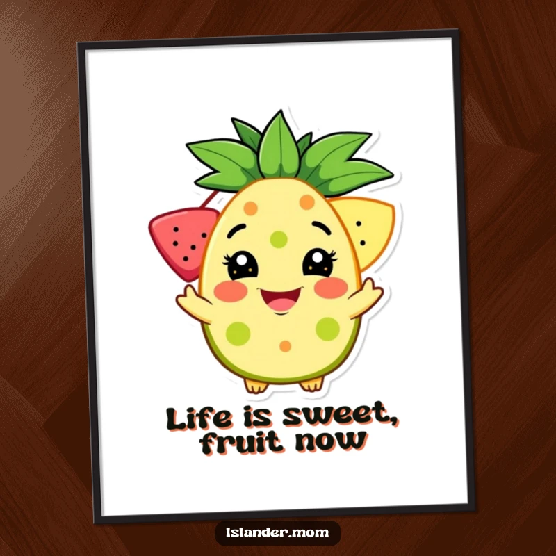 Funny Free Printable Wall Art: A character extending a vibrant tropical fruit with a wide, friendly, and welcoming grin, spreading cheer.