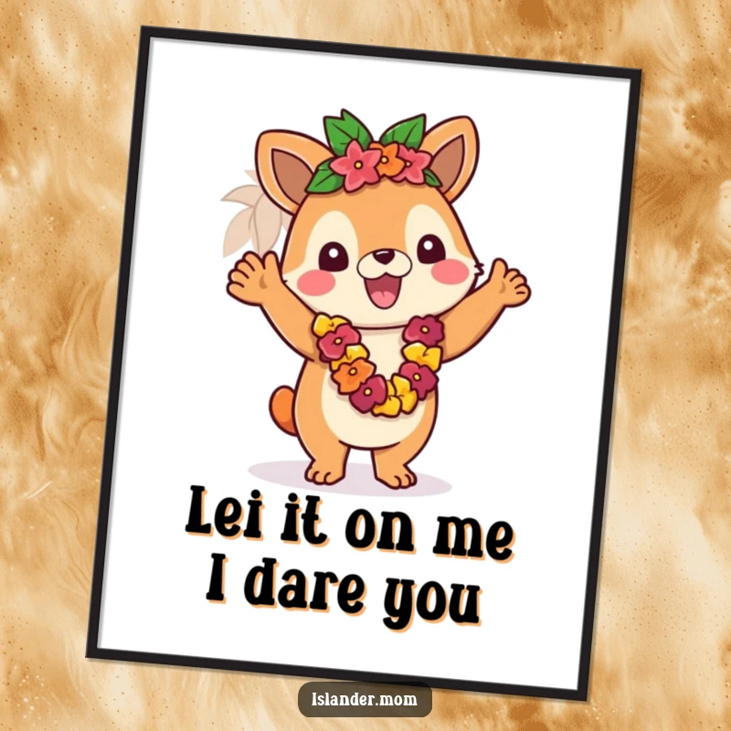 Funny Free Printable Wall Art of an islander animal character joyfully waving a colorful lei, embodying a warm, tropical greeting.