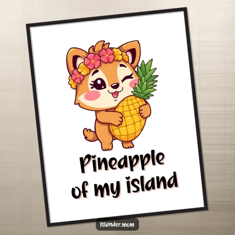 Funny free printable wall art of a charming islander animal winking mischievously while holding a tropical pineapple.