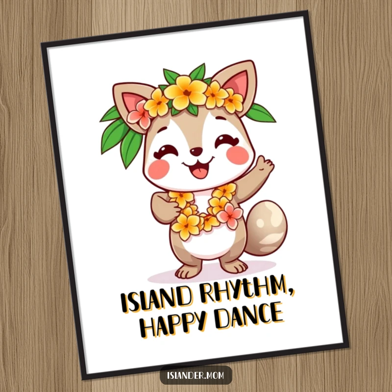 Funny Free Printable Wall Art: Smiling islander animal character with a flower lei dances, radiating tropical cheer.