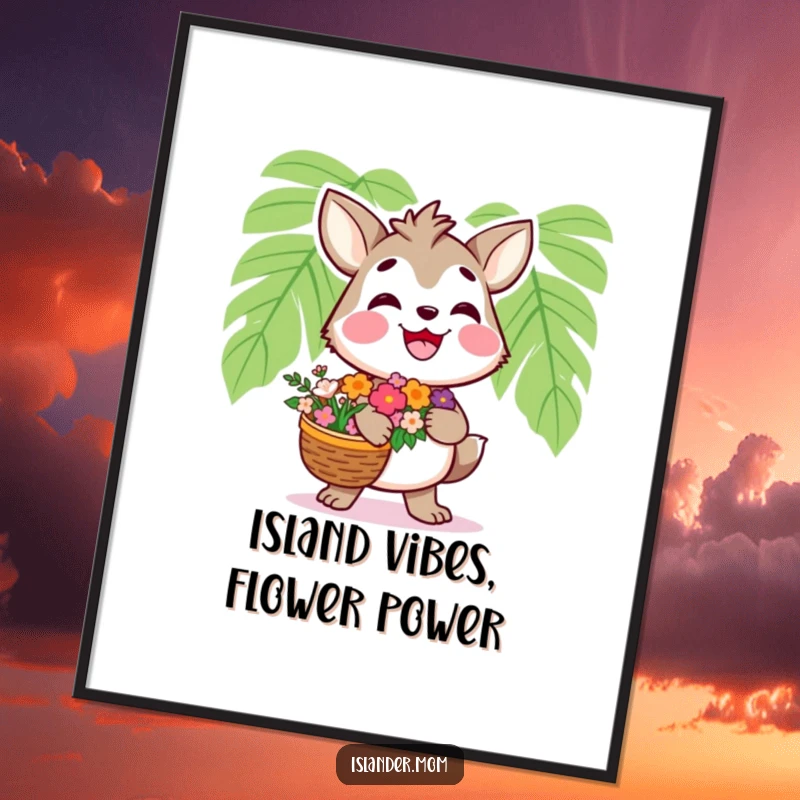 Funny Free Printable Wall Art: A smiling kawaii islander character carries a basket overflowing with vibrant flowers.