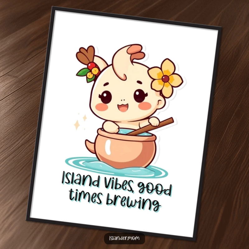 Funny Free Printable Wall Art: A happy islander character with a flower behind their ear joyfully stirs a large pot, creating a vibrant tropical scene.
