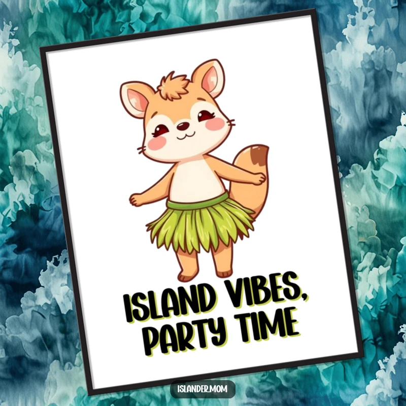 Funny free printable wall art of an animal wearing a grass skirt, swaying rhythmically with a happy, tropical island dance.