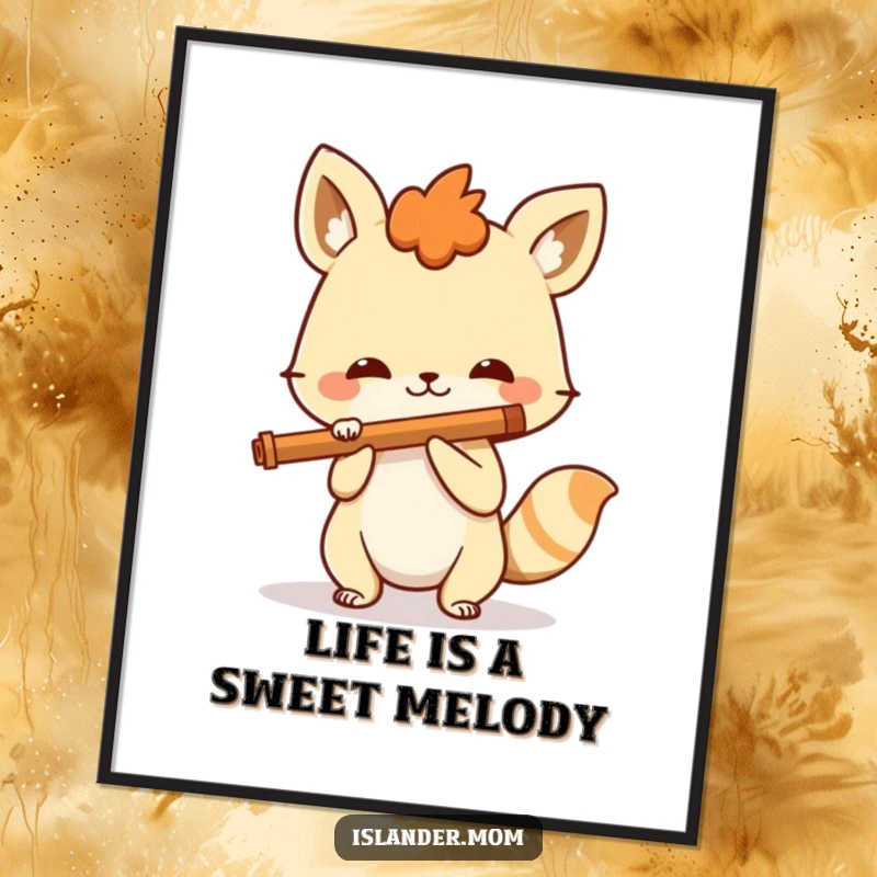 Funny Free Printable Wall Art: A spirited animal grins widely while playing a simple flute, creating a cheerful, musical vibe.