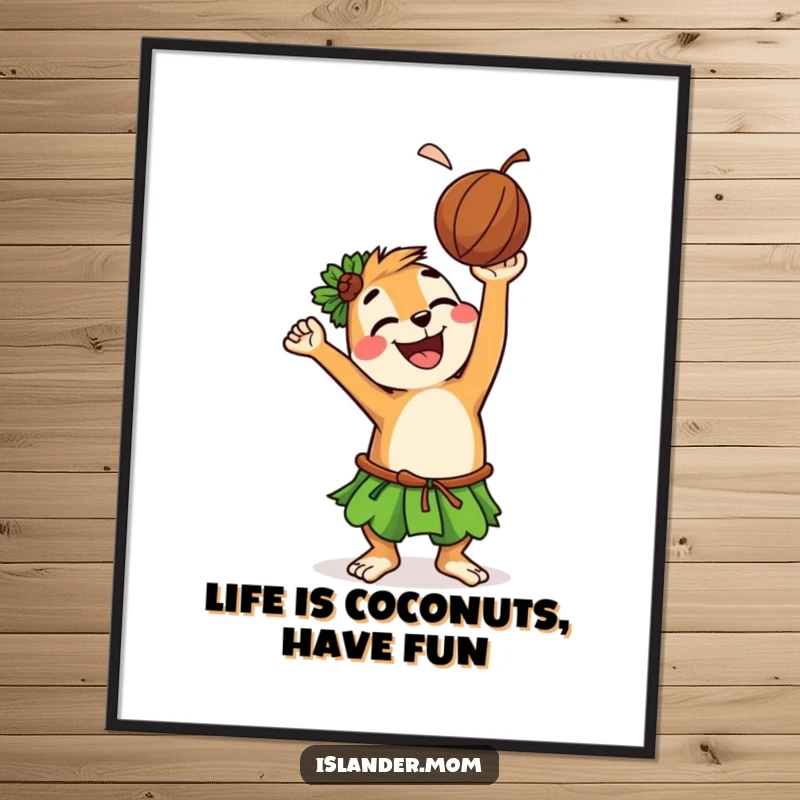 Funny Free Printable Wall Art: Goofy islander animal is captured in the act of tossing a coconut skyward with a gleeful, wide grin.
