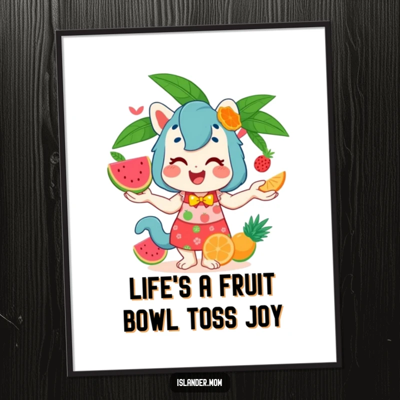Funny Free Printable Wall Art: An islander mom animal joyfully juggles an array of colorful tropical fruits, radiating happiness.