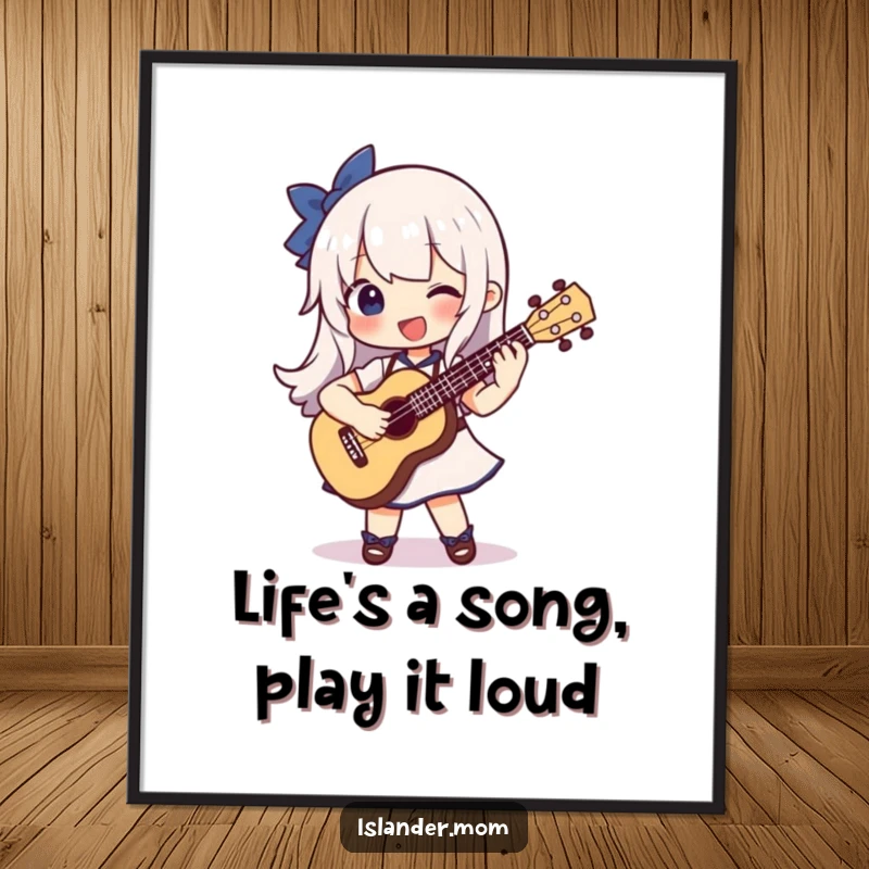 Funny Free Printable Wall Art showcasing a character who is ecstatic while strumming a ukulele, radiating pure happiness.