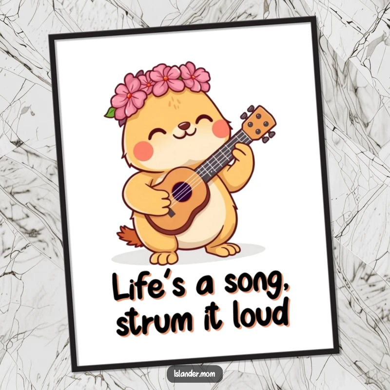 Funny free printable wall art featuring a kawaii islander animal happily strumming a miniature ukulele, evoking joyful island music.