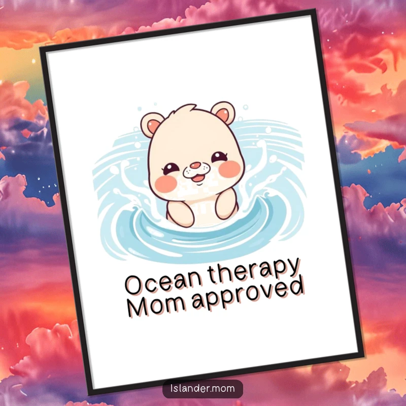 Funny Free Printable Wall Art: An islander mom animal gleefully splashes in soft ocean waves, capturing beachy delight.