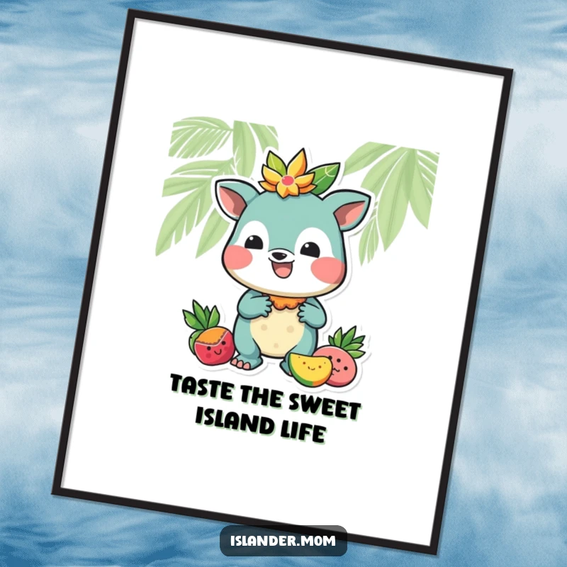 Funny Free Printable Wall Art: Welcoming islander animal offering a vibrant tropical fruit in a warm gesture.