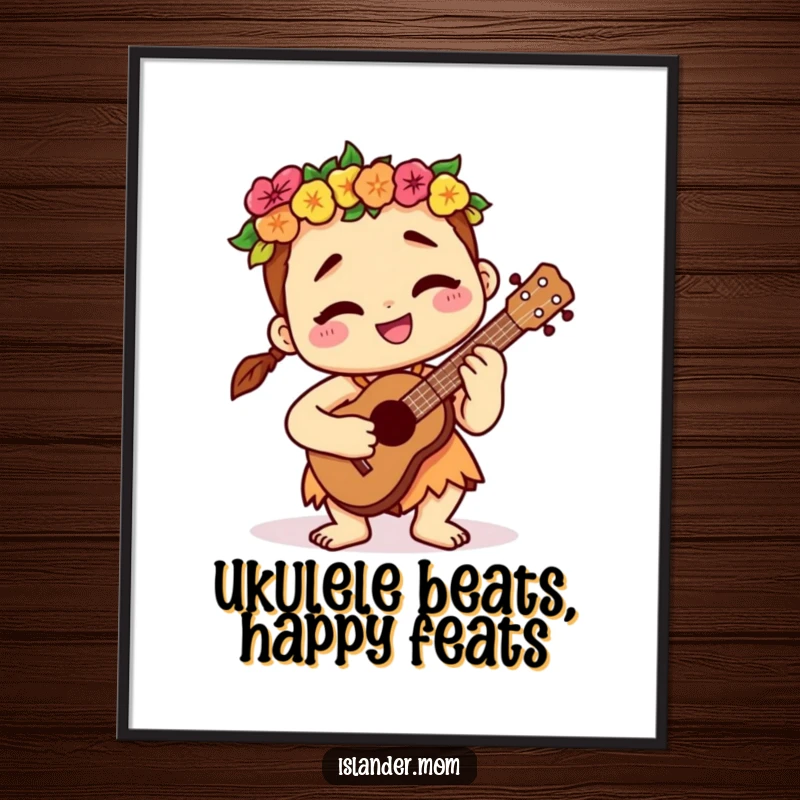 Funny Free Printable Wall Art: Kawaii islander serenely playing a ukulele with a big, contented grin.