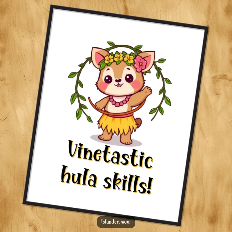 Funny Free Printable Wall Art: A whimsical kawaii islander animal skillfully twirling a vine hula hoop, bringing joy to any room.