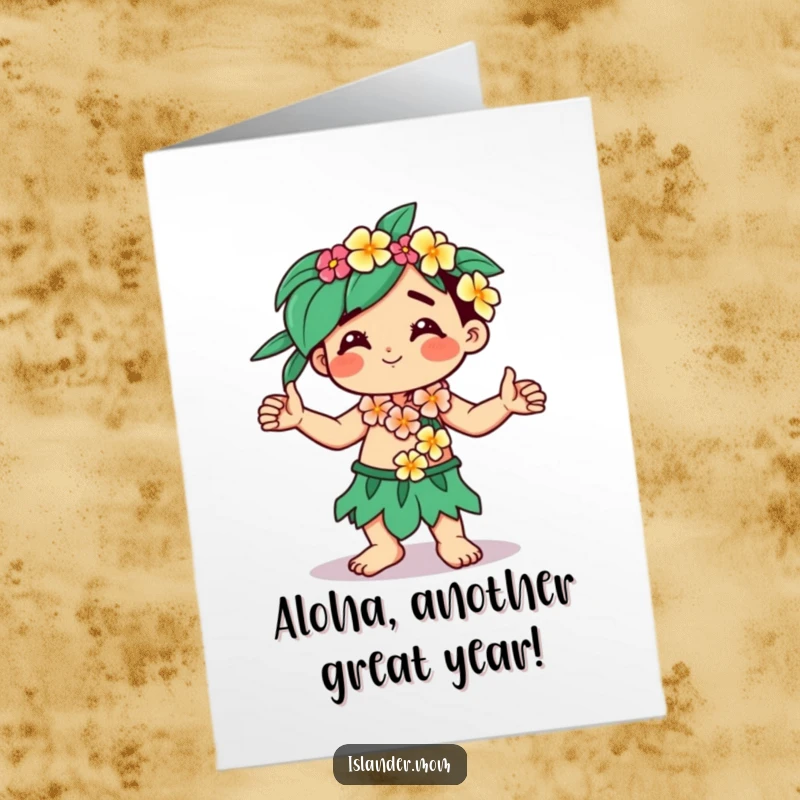 Funny Free Printable Birthday Card: A kawaii islander character with a flower lei dances joyfully with their hands free.