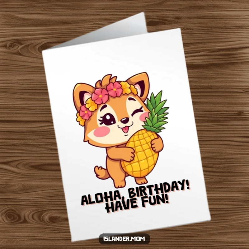 Funny free printable birthday card featuring a cartoon islander animal winking and holding a juicy pineapple.