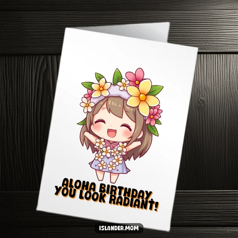 Funny Free Printable Birthday Card: Character gleefully balancing a colorful flower lei on its head, beaming with festive cheer.