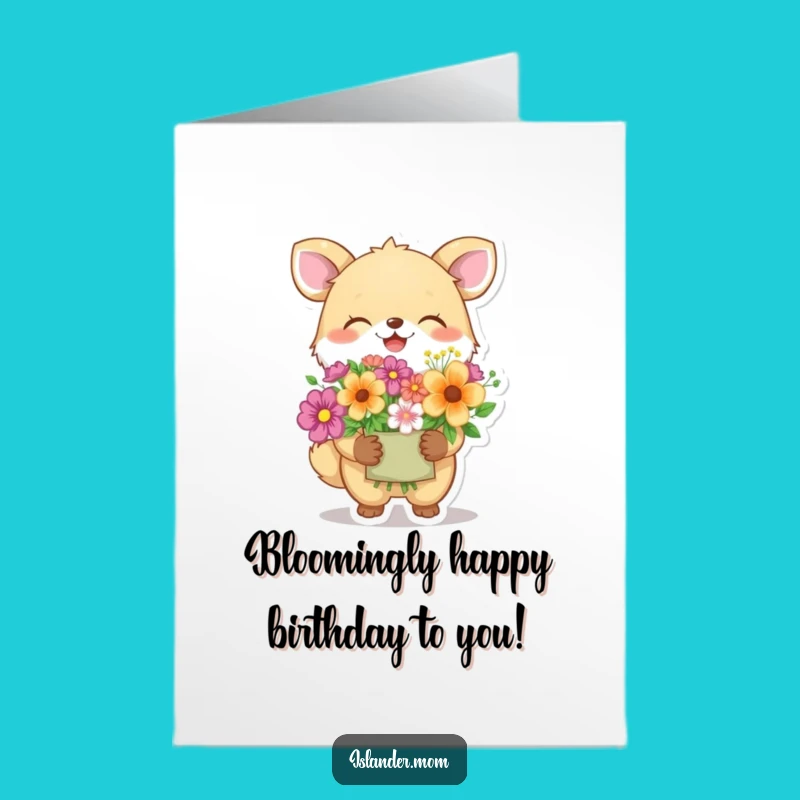 Free Printable Bday Card: Giggling Flower Gift Animal - Happy Birthday Download