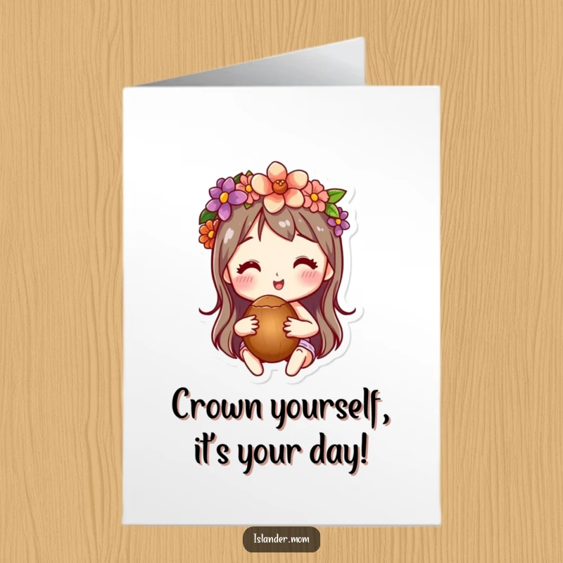 Funny Free Printable Birthday Card: Character wearing a flower crown, holding a coconut, ready for a luau, perfect Downloadable Gift.