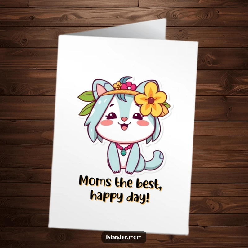 Cheerful Free Printable birthday card showing a friendly islander mom animal figure wearing a flower behind her ear, radiating warmth.