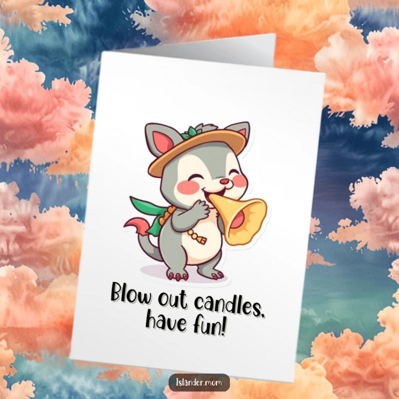 Funny Free Printable Birthday Card: Playful islander animal character loudly blowing a conch shell, signaling a festive occasion.