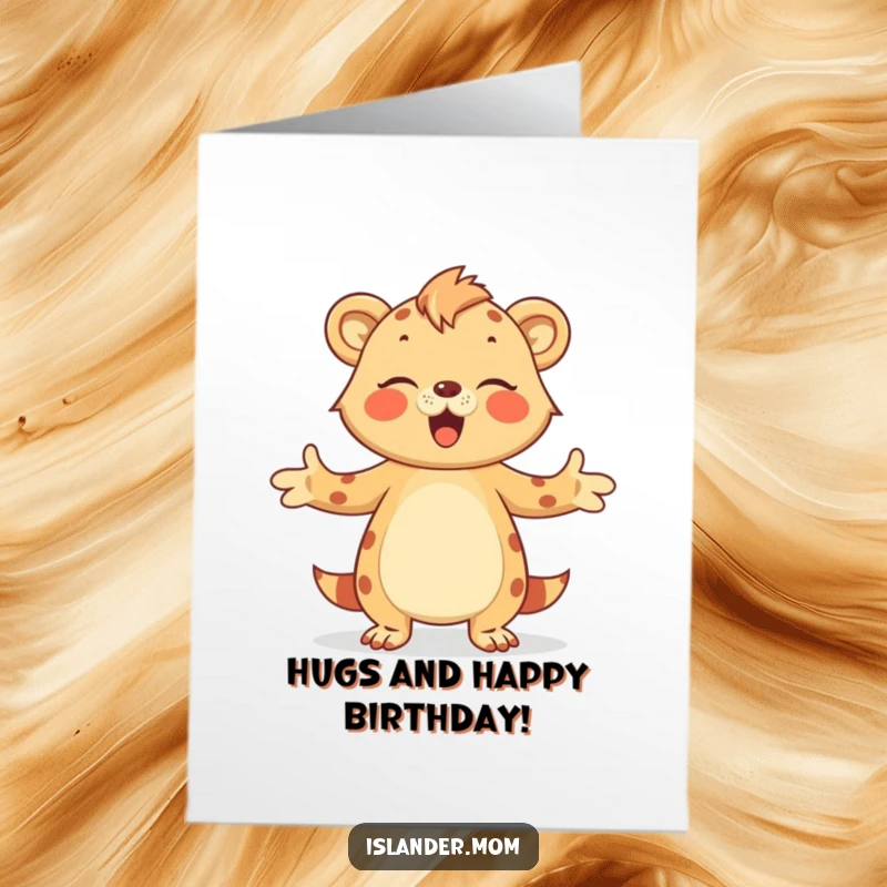 Funny Free Printable Birthday Card: An islander mom animal offers a big, warm hug with open arms, radiating affection.