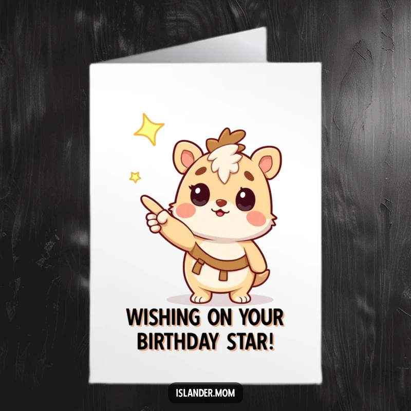 Funny Free Printable Birthday Card: Kawaii islander animal gazes curiously at a bright shining star, wishing them a happy birthday.