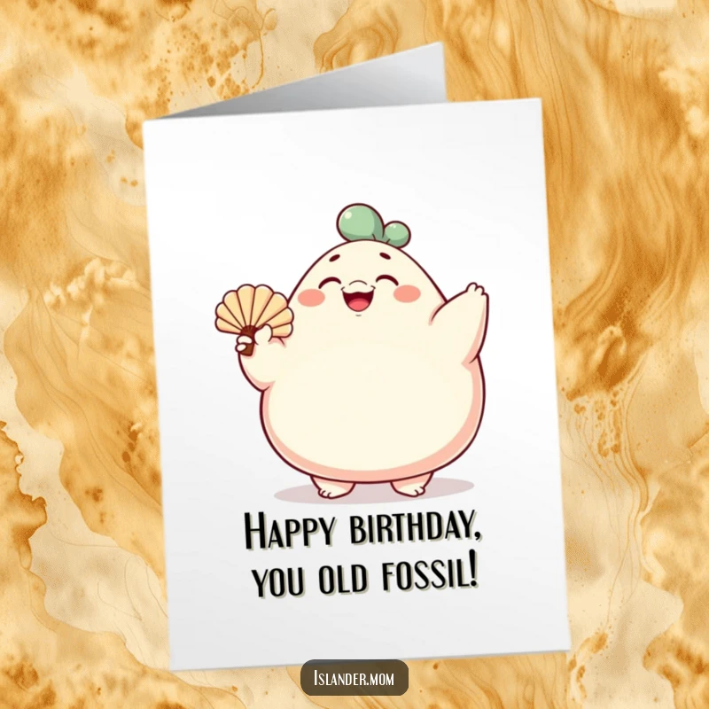 Funny free printable birthday card of a rotund character gesturing with a shell fan, smiling broadly, a fun downloadable gift.