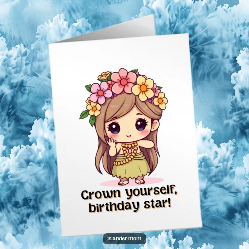 Funny Free Printable Birthday Card: Kawaii islander focused on weaving a beautiful flower crown with delight.