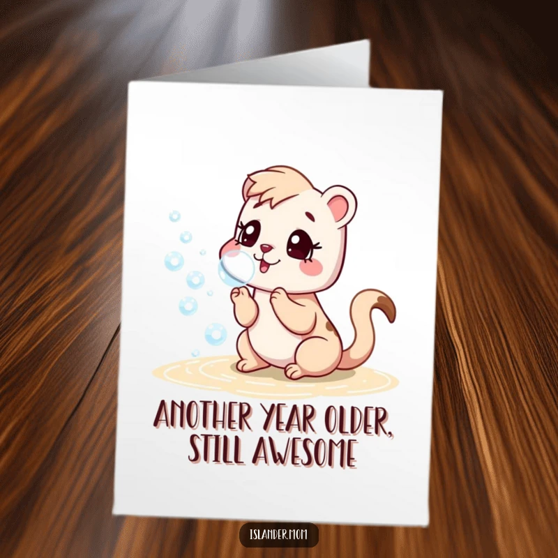 Funny Free Printable Birthday Card: Islander mom animal near a beach playfully blowing iridescent bubbles, capturing a moment of pure childlike joy.