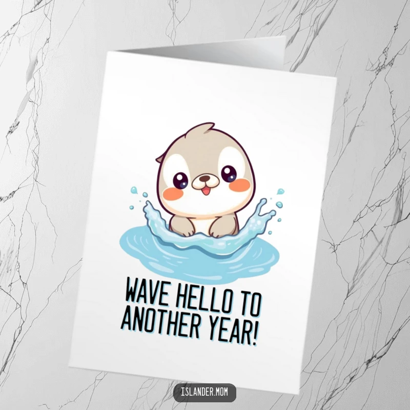 Funny free printable birthday card of a kawaii islander animal joyfully splashing in ocean waves, conveying pure birthday excitement.