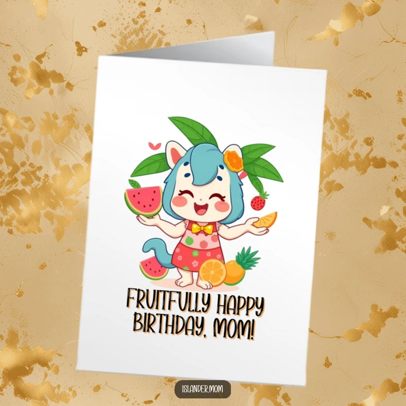 Funny Free Printable Birthday Card: A smiling islander mom animal expertly juggles colorful tropical fruits, ready to celebrate.