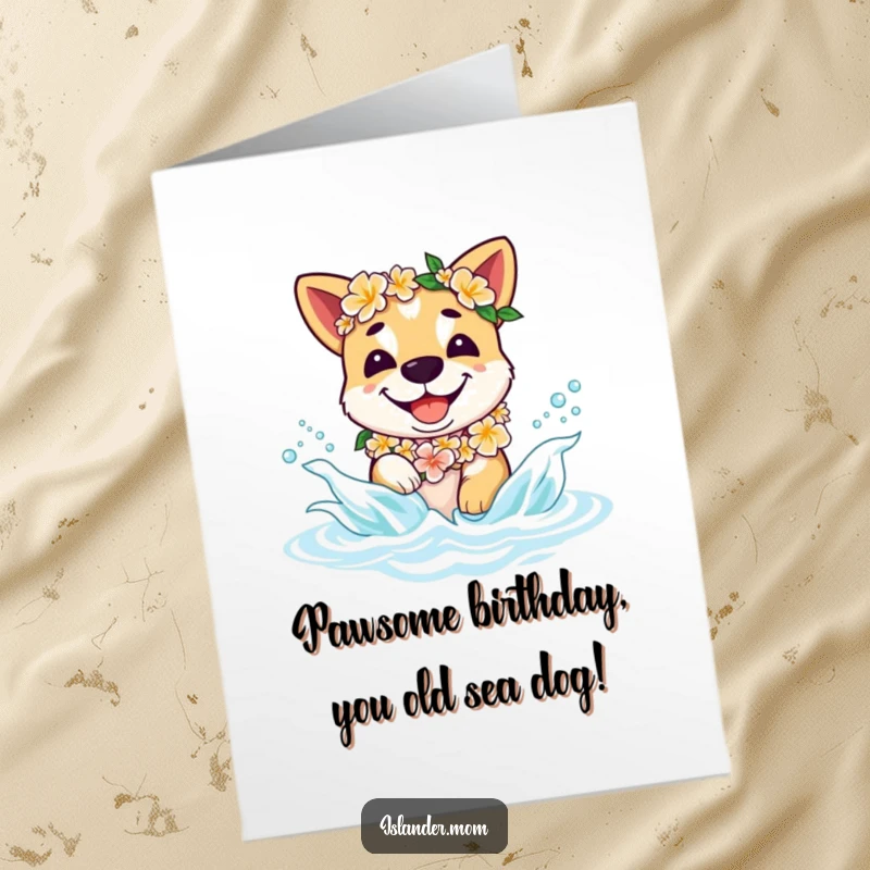 Funny Free Printable Birthday Card: Islander dog with flower lei joyfully splashing in ocean waves, ready to celebrate.
