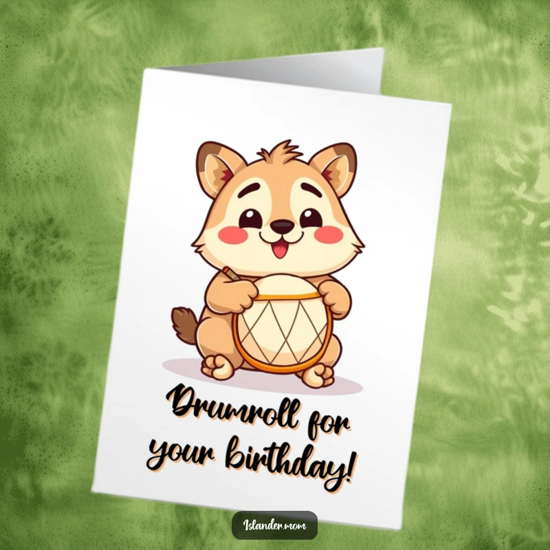 Funny Free Printable Birthday Card: Kawaii islander character enthusiastically plays a small drum, radiating excitement.