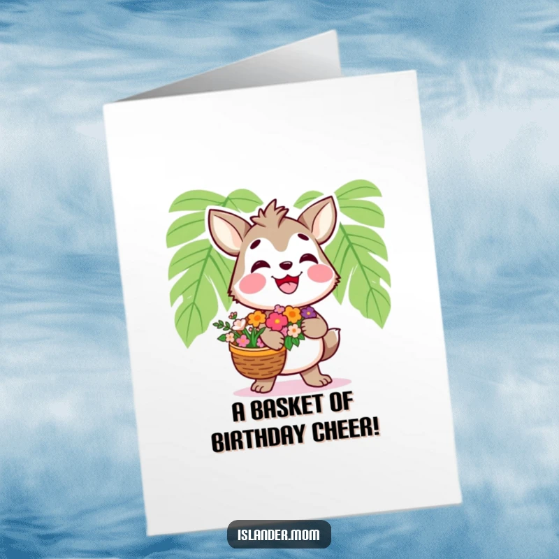 Funny Free Printable Birthday Card: Kawaii islander character smiles wide carrying a basket overflowing with colorful flowers.