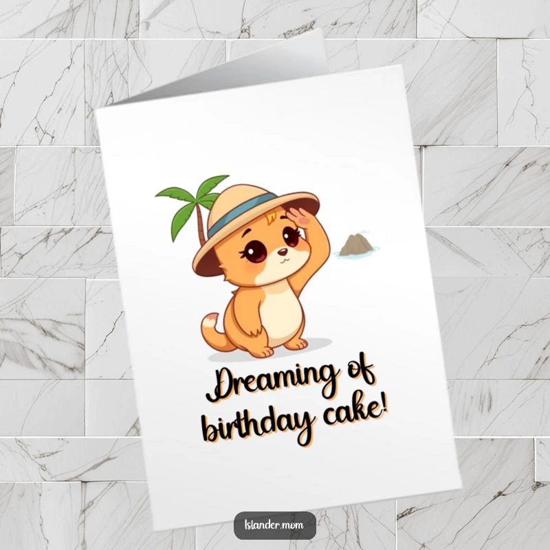 Funny free printable birthday card: an islander mom animal shading her eyes, gazing wistfully at a distant island.