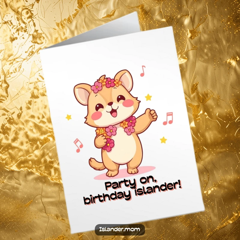 Funny Free Printable Birthday Card: Kawaii islander animal wearing a flower lei, swaying happily to music with eyes closed.