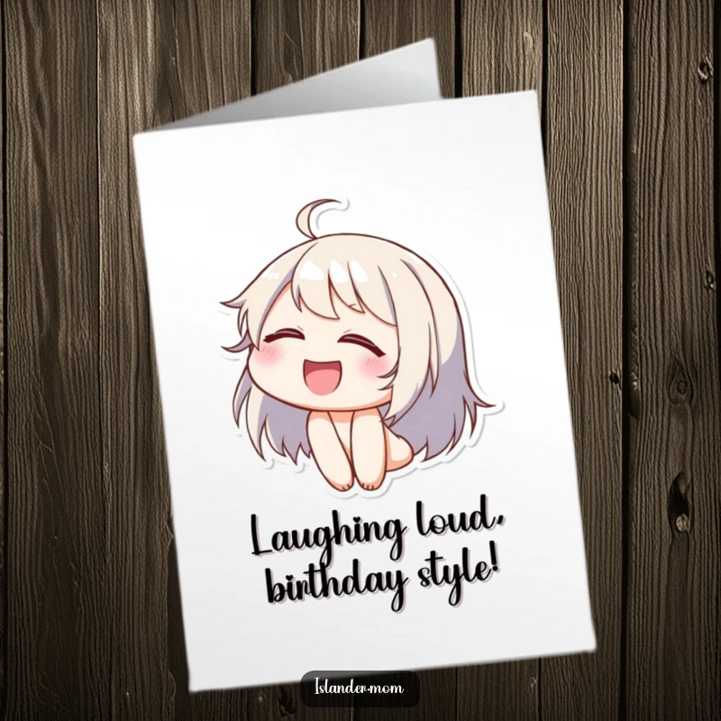 Funny Free Printable Birthday Card: Character laughing heartily with eyes closed and head tilted back, pure joy, perfect Downloadable Gift.