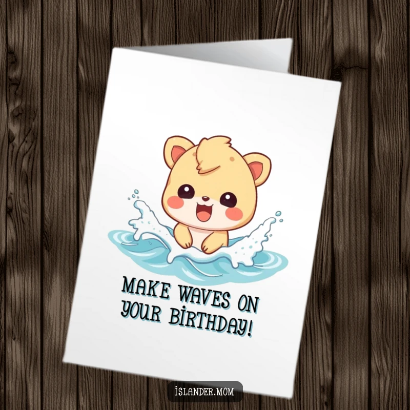 Funny Free Printable Birthday Card shows an islander animal character joyfully splashing amidst ocean waves with pure delight.