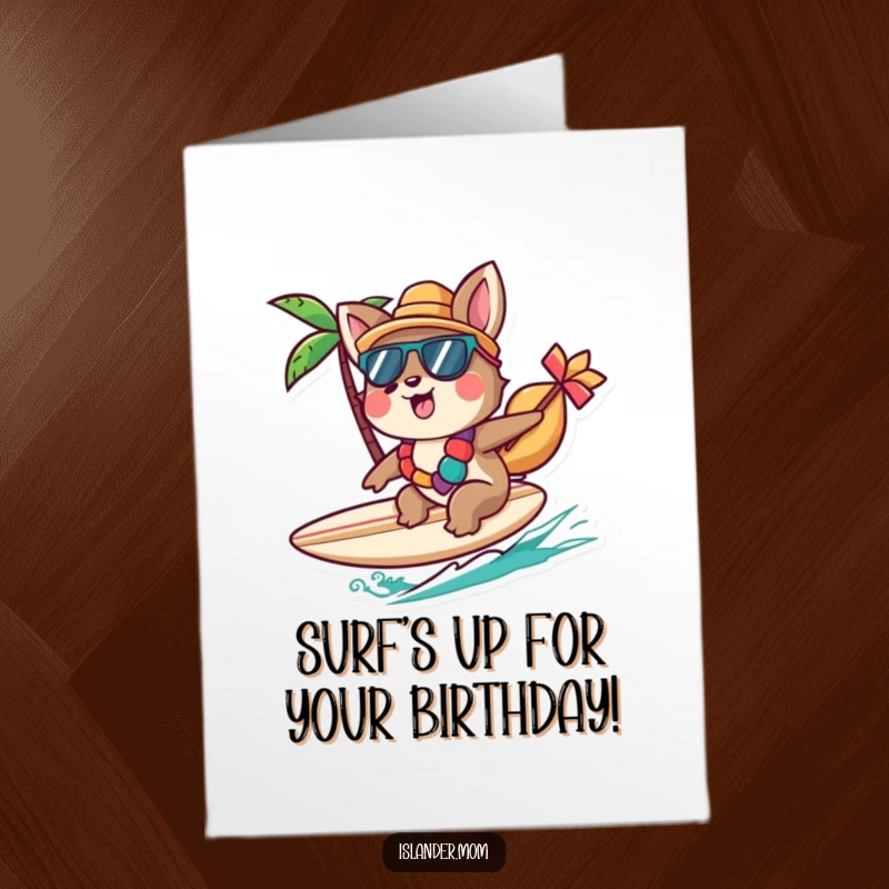 Funny Free Printable Birthday Card: Cheerful islander animal character gleefully riding a small surfboard on a gentle wave.