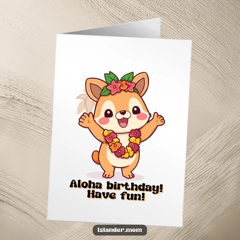 Funny Free Printable Birthday Card shows an islander animal character enthusiastically waving a colorful lei, inviting fun.