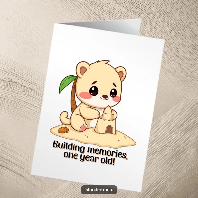 Funny Free Printable Birthday Card, a kawaii islander animal concentrating hard while building a small, adorable sandcastle.