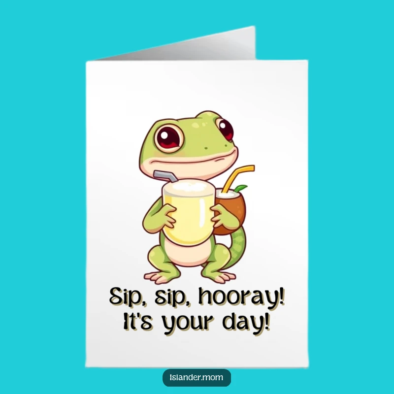 Free Printable Gecko Birthday Card: Tropical Coconut Drink Fun