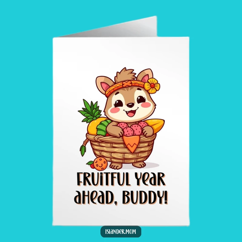 Free Printable Birthday Card: Funny Islander Animal Tropical Fruit Basket Downloadable Gift