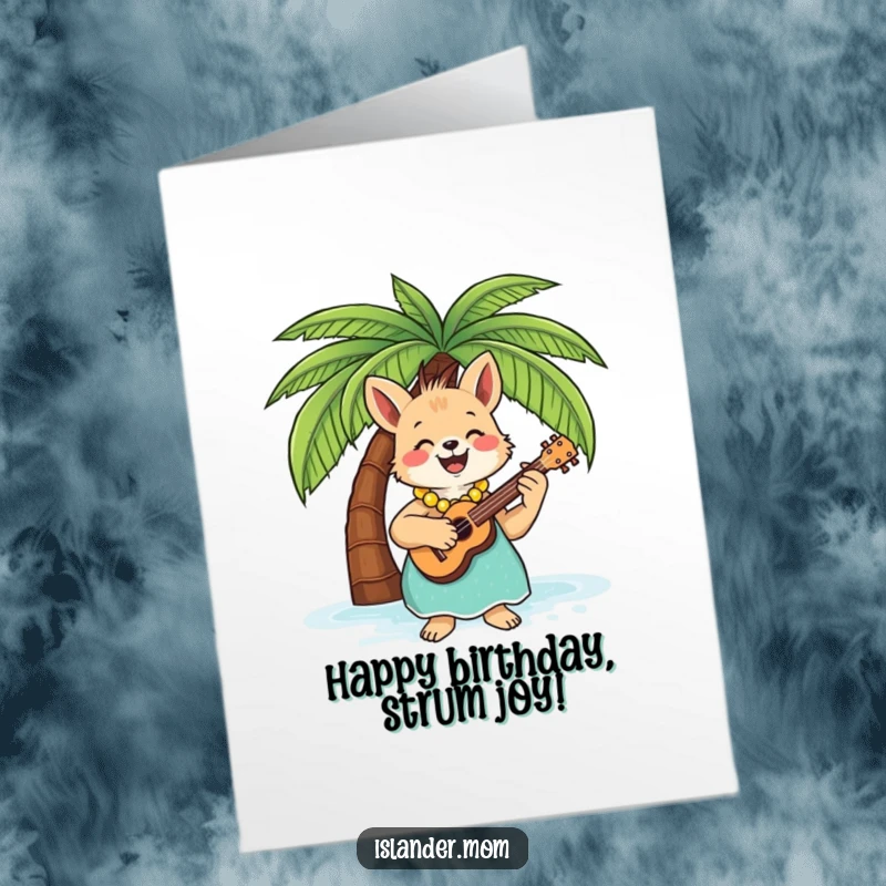 Funny Free Printable Birthday Card: An islander mom animal happily strums a ukulele beneath a swaying palm tree.