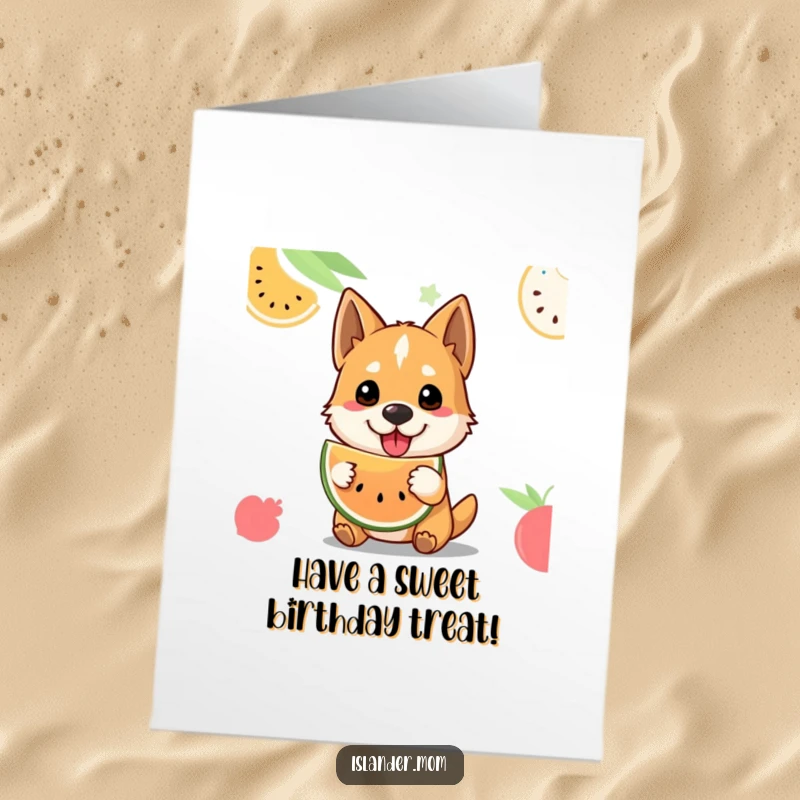 Funny Free Printable Birthday Card: Dog with friendly gesture offers a slice of tropical fruit, wishing a happy birthday.