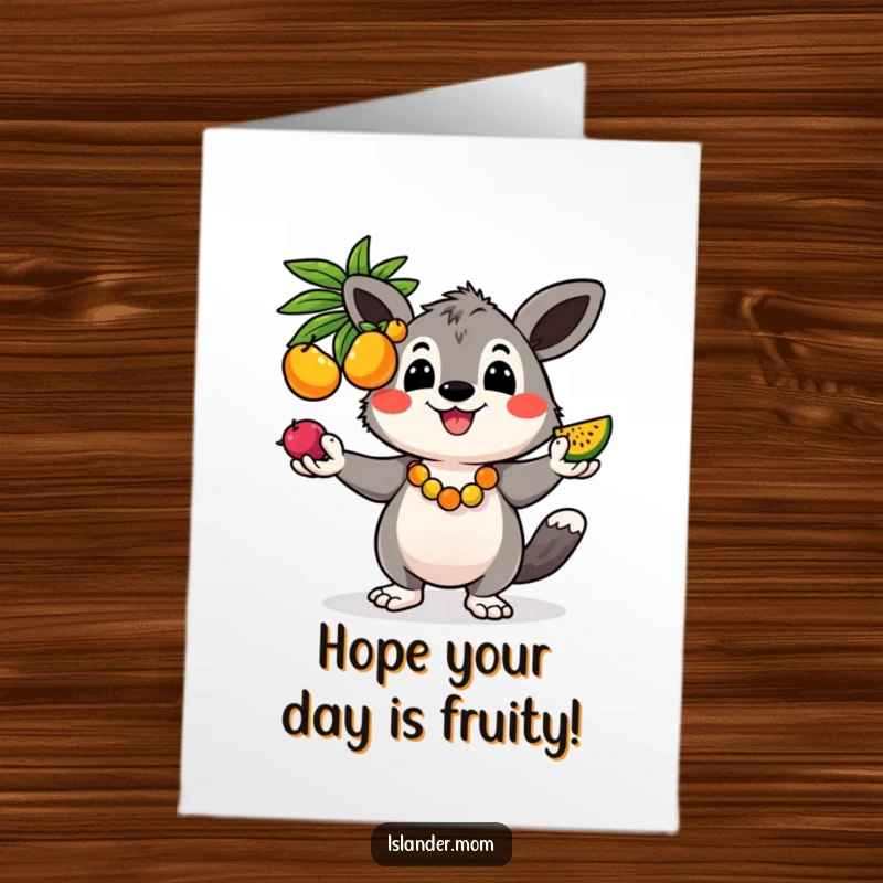 Funny Free Printable Birthday Card: Kawaii islander animal joyfully juggling colorful tropical fruits with a wide, cheerful grin.