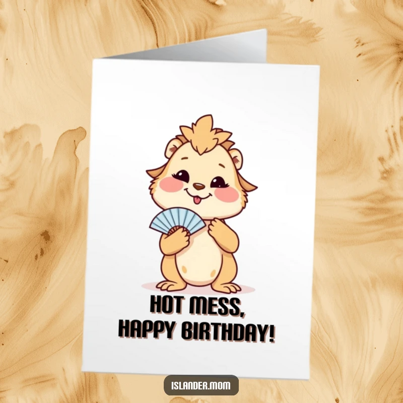 Funny Free Printable Birthday Card featuring a relaxed islander mom animal fanning herself with a palm leaf, smiling contentedly.