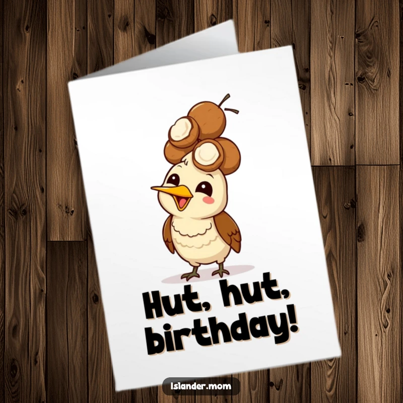 Funny Free Printable birthday card of a mama bird giggling while balancing a precarious pile of coconuts on her head, a tropical party starter.