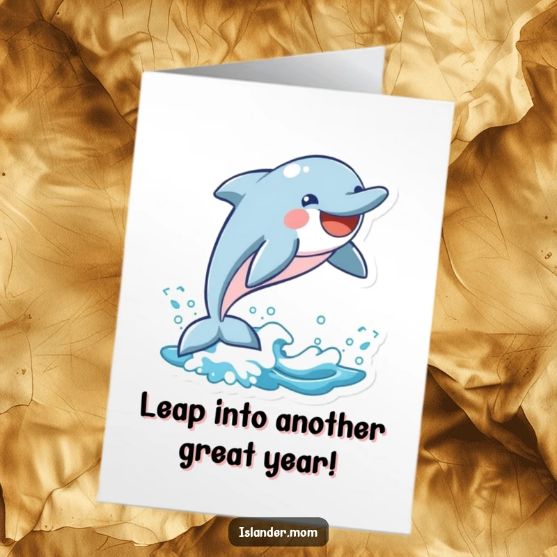Funny Free Printable Birthday Card featuring a playful dolphin leaping from a wave with a huge, infectious smile.