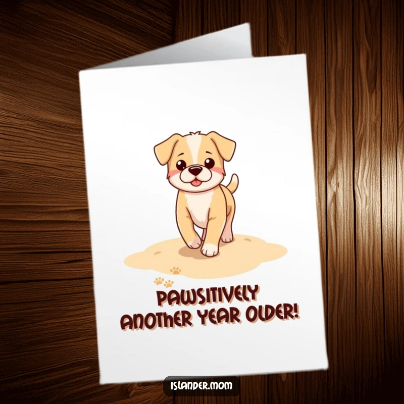 Funny Free Printable Birthday Card: A happy dog walks on a sandy beach, leaving a trail of paw prints.